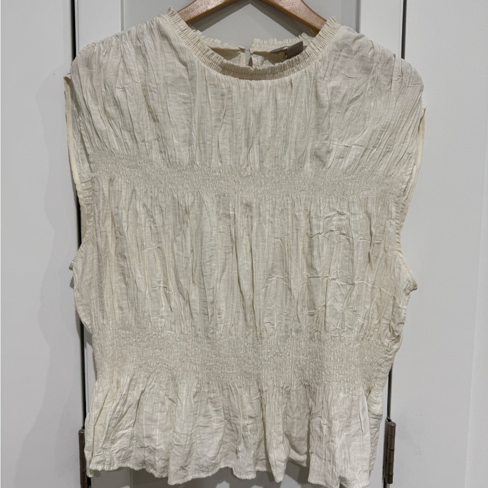 H&M Cream Sleeveless Blouse with Mandarin Collar and Ruffled Pleats